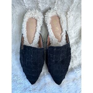 Mimi - Black Quilted - Suede Slides - Sherpa Faux Fur - Size 6 - sb